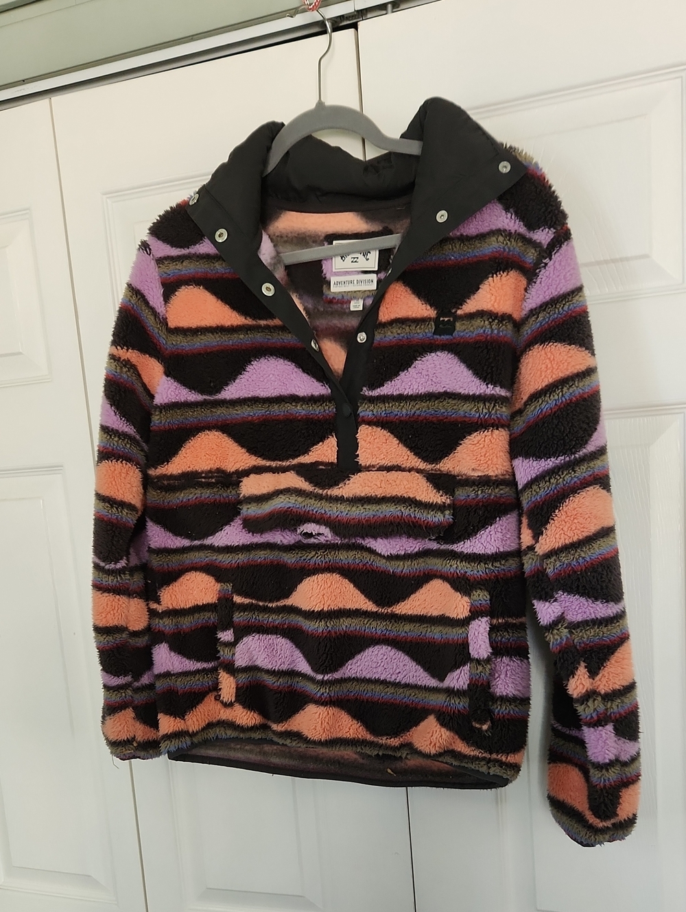 Billabong Womens Fuzzy Pullover Jacket - Pink, Peach & Black Stripe